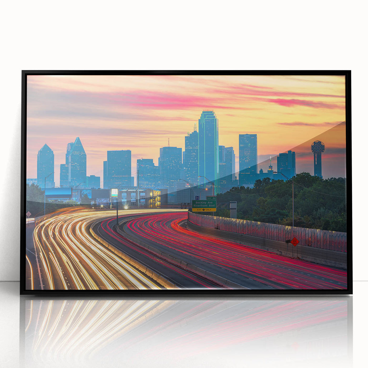 Large abstract wall art depicting Dallas skyline in muted blue tones, framed in black acrylic, suitable for modern decor.