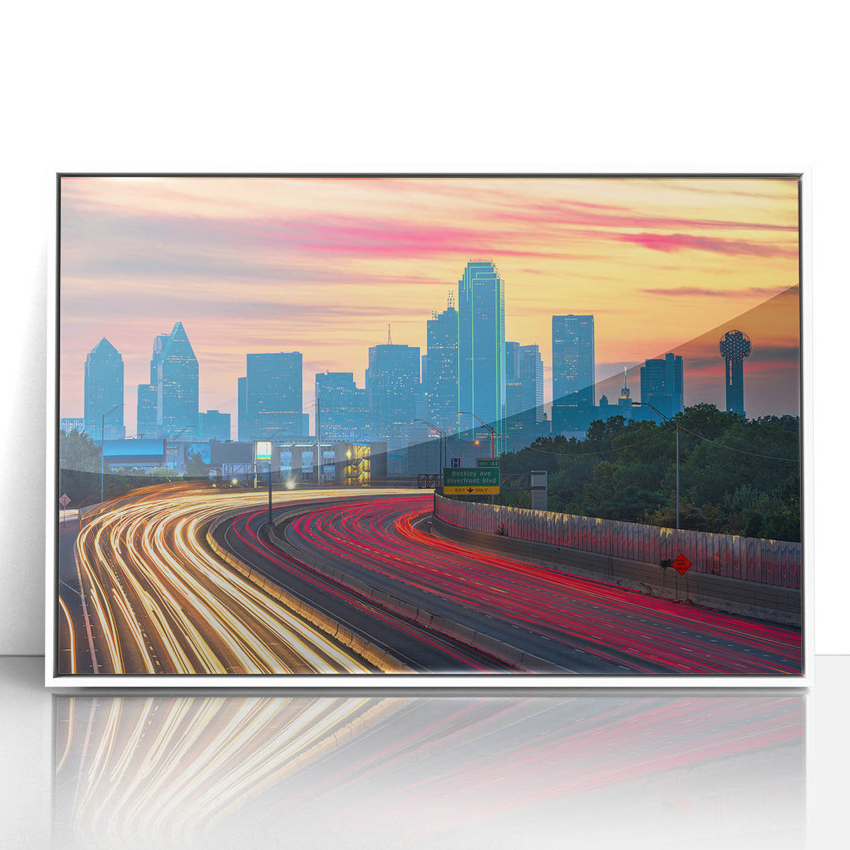 Acrylic print of Dallas skyline in art deco style with muted blue and white tones, ideal for modern art wall decor.