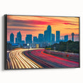 Black and white framed canvas of Dallas skyline, in a vintage poster style, ideal for bedroom wall decor.