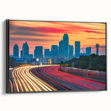 Black and white framed canvas of Dallas skyline, in a vintage poster style, ideal for bedroom wall decor.
