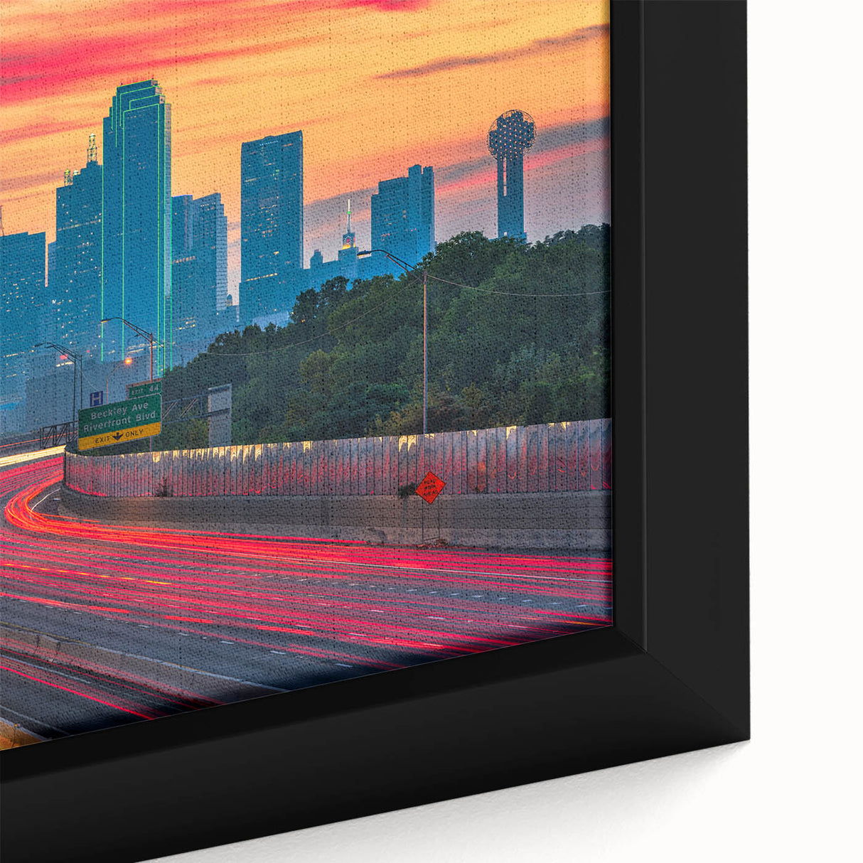 Dallas skyline depicted in textured black with colorful accents on an extra-large framed canvas.