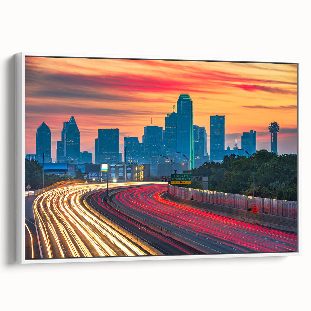 Framed canvas of vintage poster art featuring a colorful Dallas skyline, ideal for living room decor.