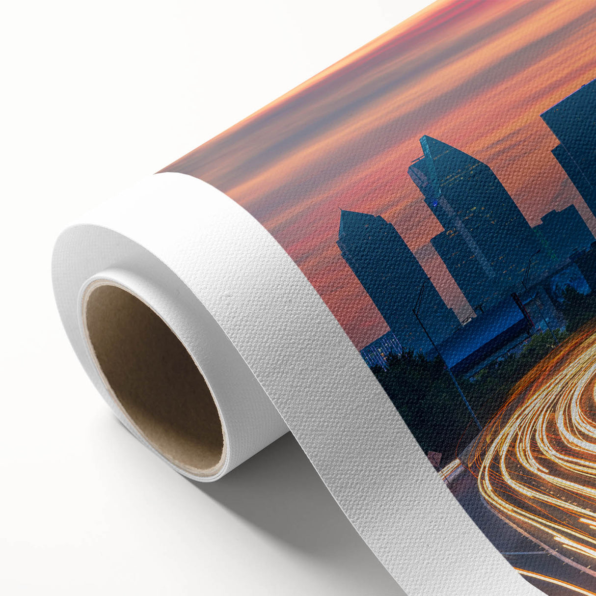 Art Deco poster of Dallas skyline in pastel shades on rolled canvas, ideal for nursery wall art.