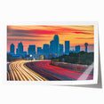 Dallas skyline in muted gray tones on a large rolled canvas, suitable for dining room wall art.