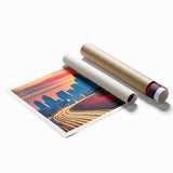 Extra large rolled print of Dallas skyline with muted gray and blue tones, ideal for classy bathroom wall art.