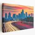 Dallas skyline in muted blue and gray tones on a large stretched canvas, suitable for kitchen wall art.