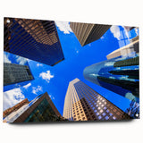 Acrylic print of abstract Houston skyline in muted blues and grays, suitable for bedroom or dining room decor.