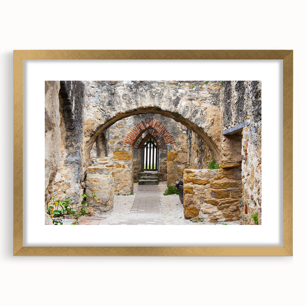 Extra large abstract art print of San Antonio skyline in textured gold frame, ideal for living room decor.