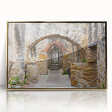 Acrylic print of San Antonio skyline in gold and blue tones, framed, mid-century modernist style.