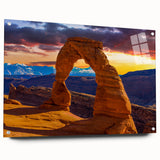 Acrylic print of Arches National Park with vibrant orange and blue hues, suitable for dining room or bedroom decor.