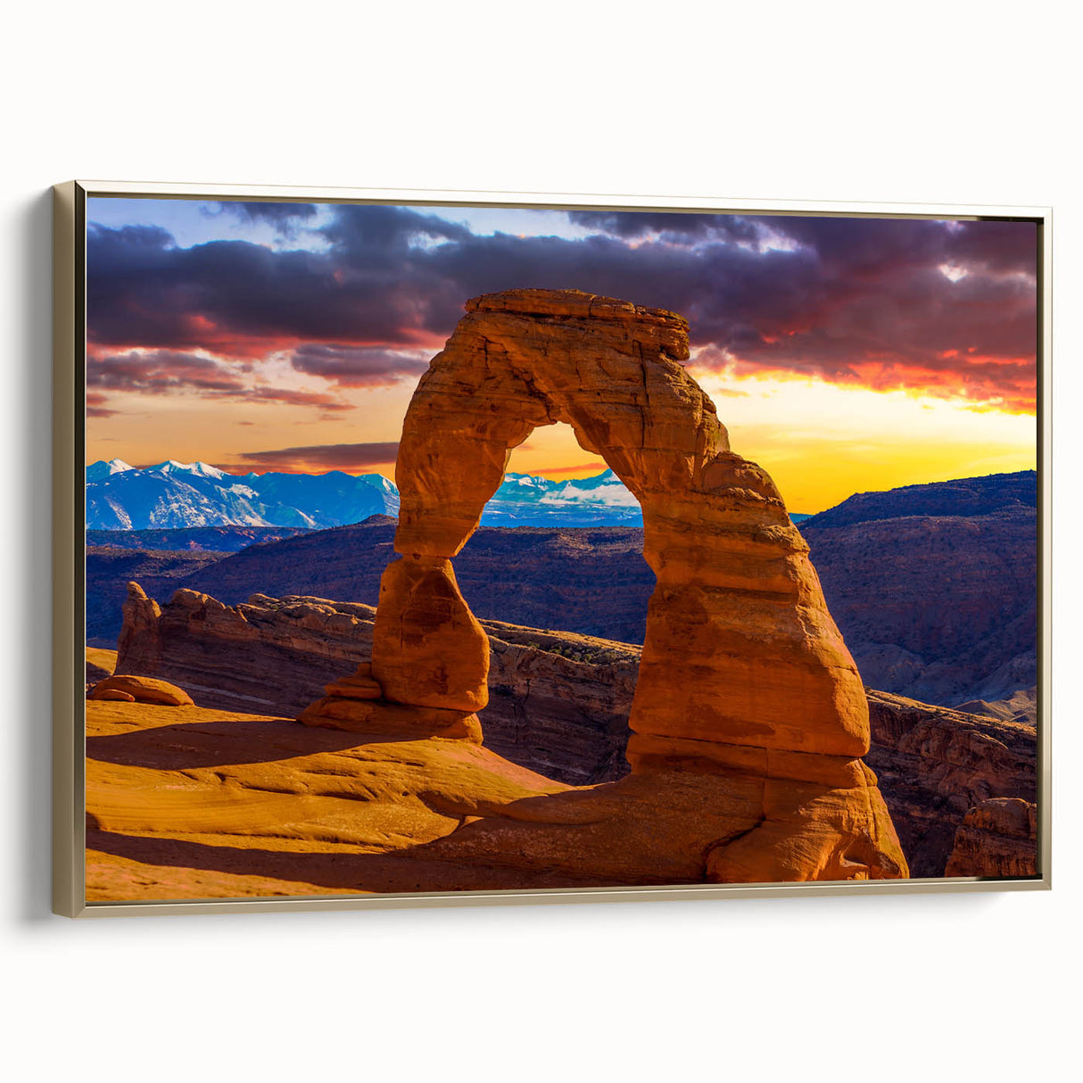 Framed canvas of Arches National Park in muted earth tones, ideal for bedroom wall art.