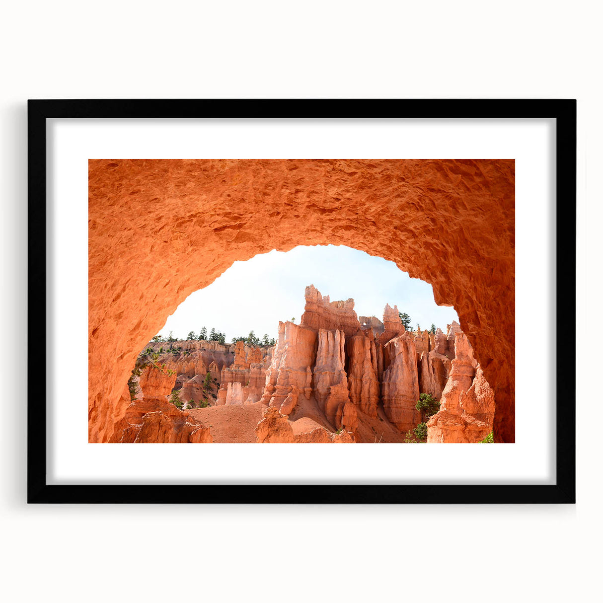 Extra large textured abstract art print of colorful Bryce Canyon, in a black frame with mat, ideal for living room decor.