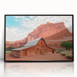 Large abstract wall art of Utah's Capitol Reef in muted earth tones on a framed acrylic, ideal for modern living room decor.