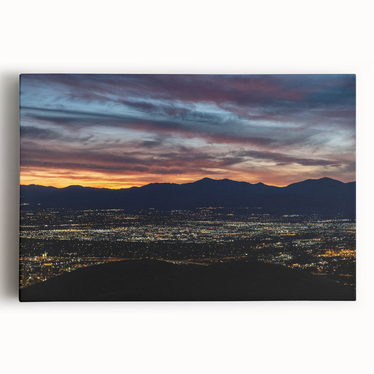 Black and white large art print of Salt Lake City on stretched canvas, ideal for kitchen wall art.