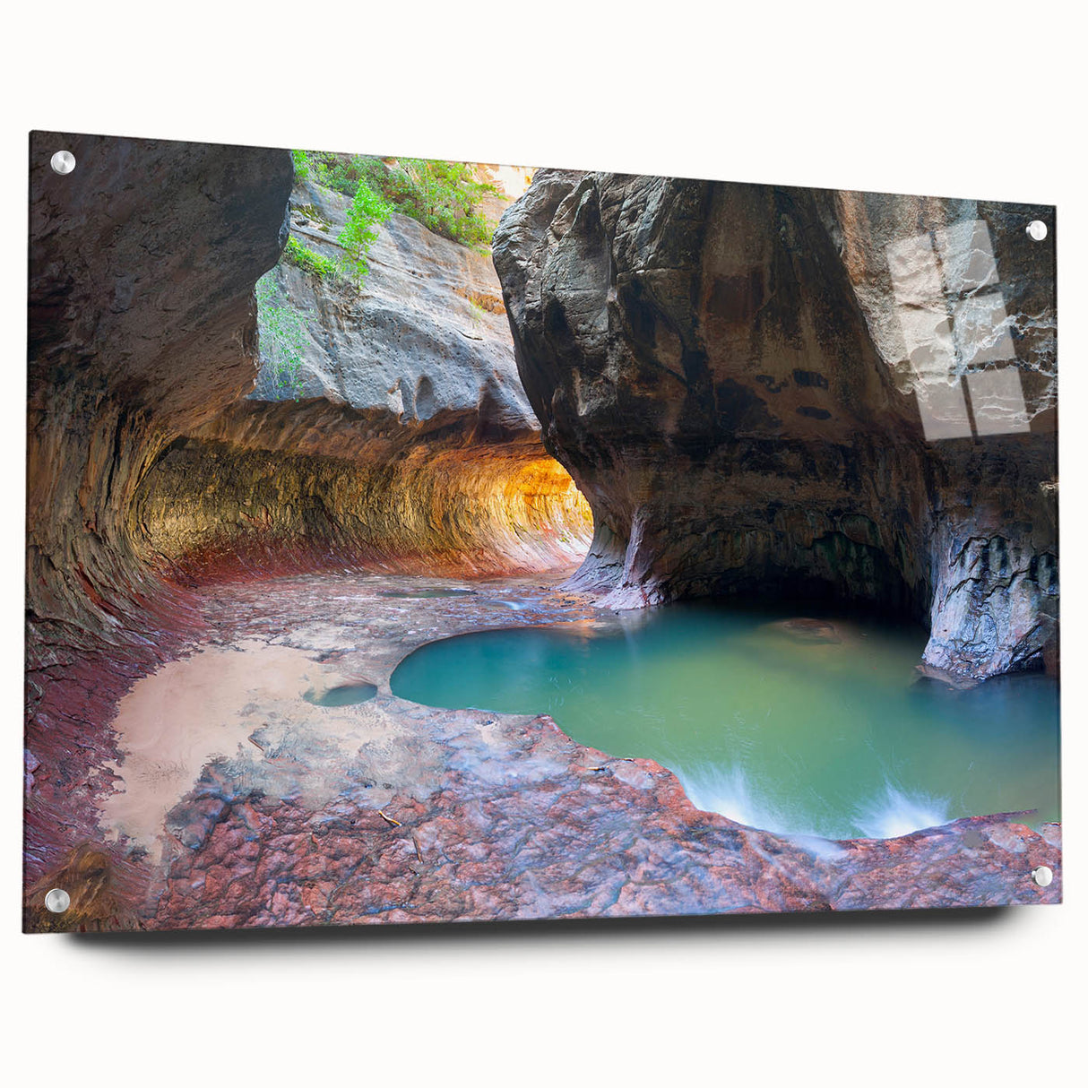 Acrylic print of Zion National Park with vibrant red and orange tones, ideal for enhancing dining room decor.