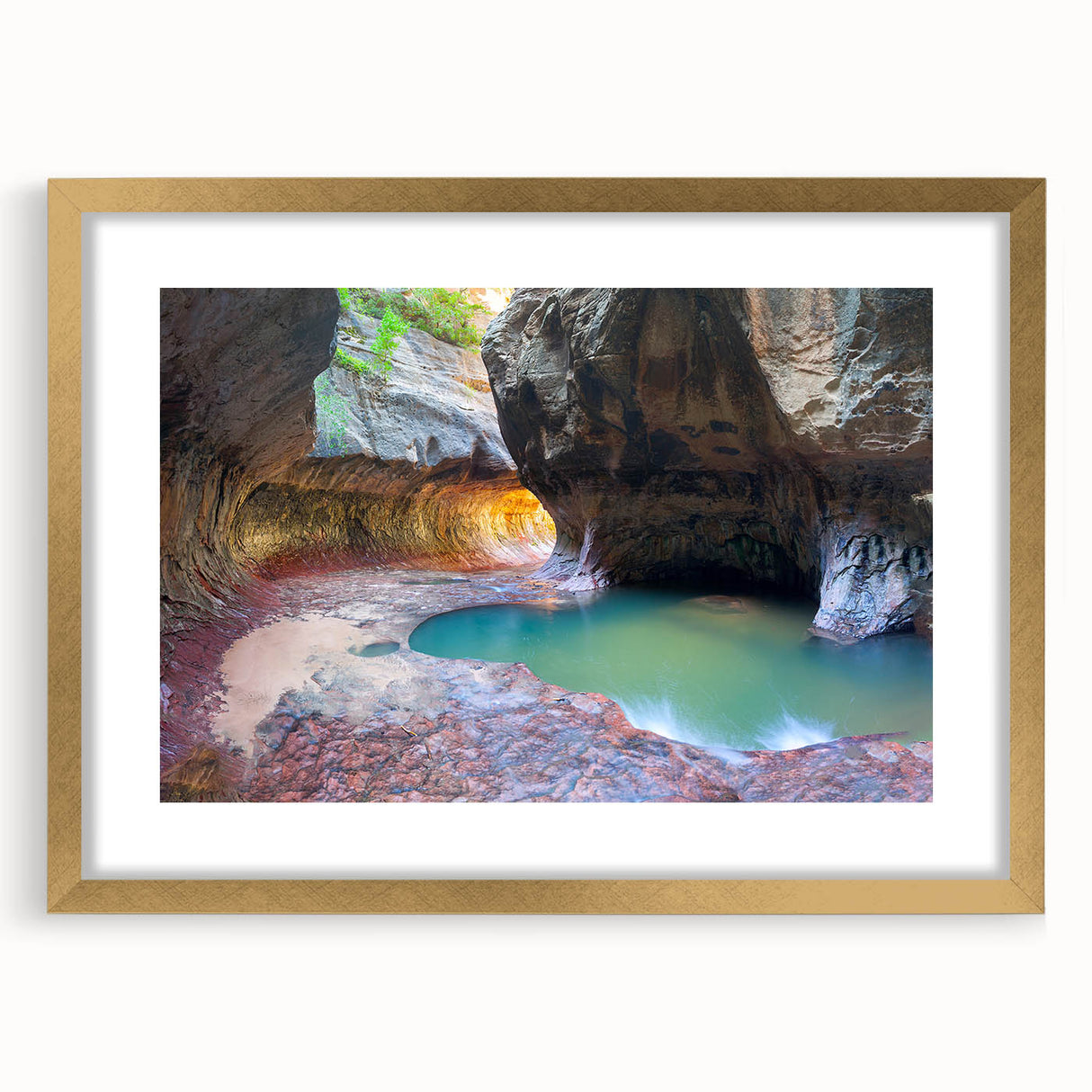 Extra large framed wall art of an abstract depiction of Zion National Park in textured gold and earth tones.