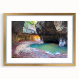 Extra large framed wall art of an abstract depiction of Zion National Park in textured gold and earth tones.