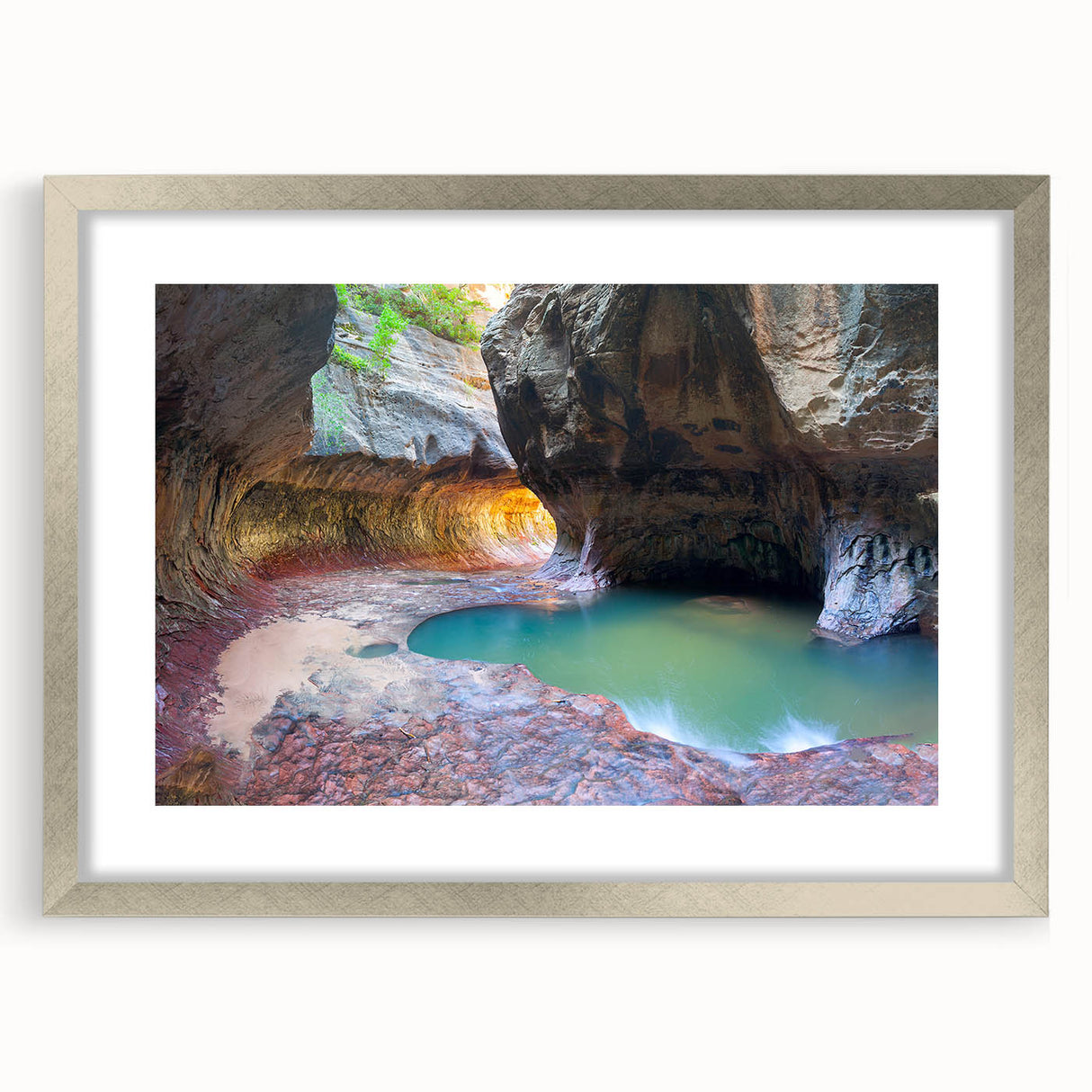 Textured art depicting abstract Zion landscape in muted earth tones on a framed silver mat, suitable for bedroom decor.