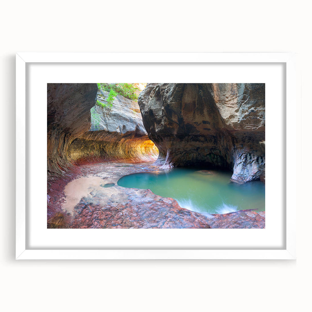 Abstract art print of Zion National Park in muted earth tones on a white framed canvas, ideal for dining room decor.