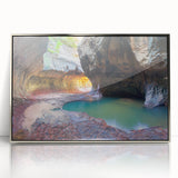 Mid-century modernist art depicting Zion National Park in muted earth tones on a framed acrylic print.