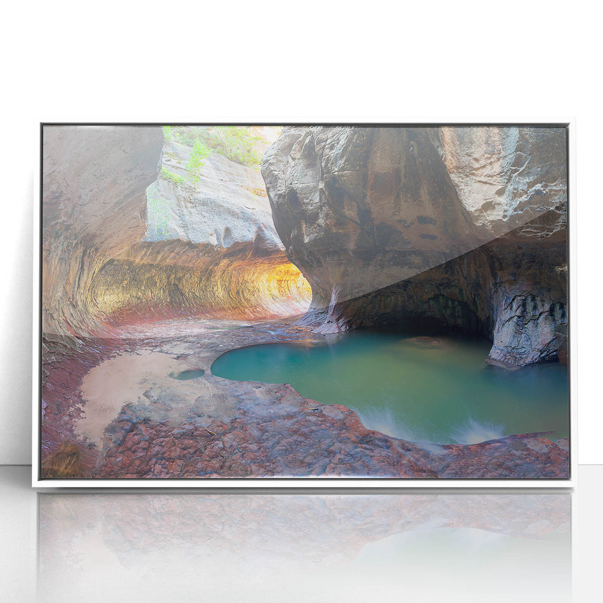 Art deco poster of Zion National Park in muted earth tones on framed acrylic, ideal for modern art wall decor.