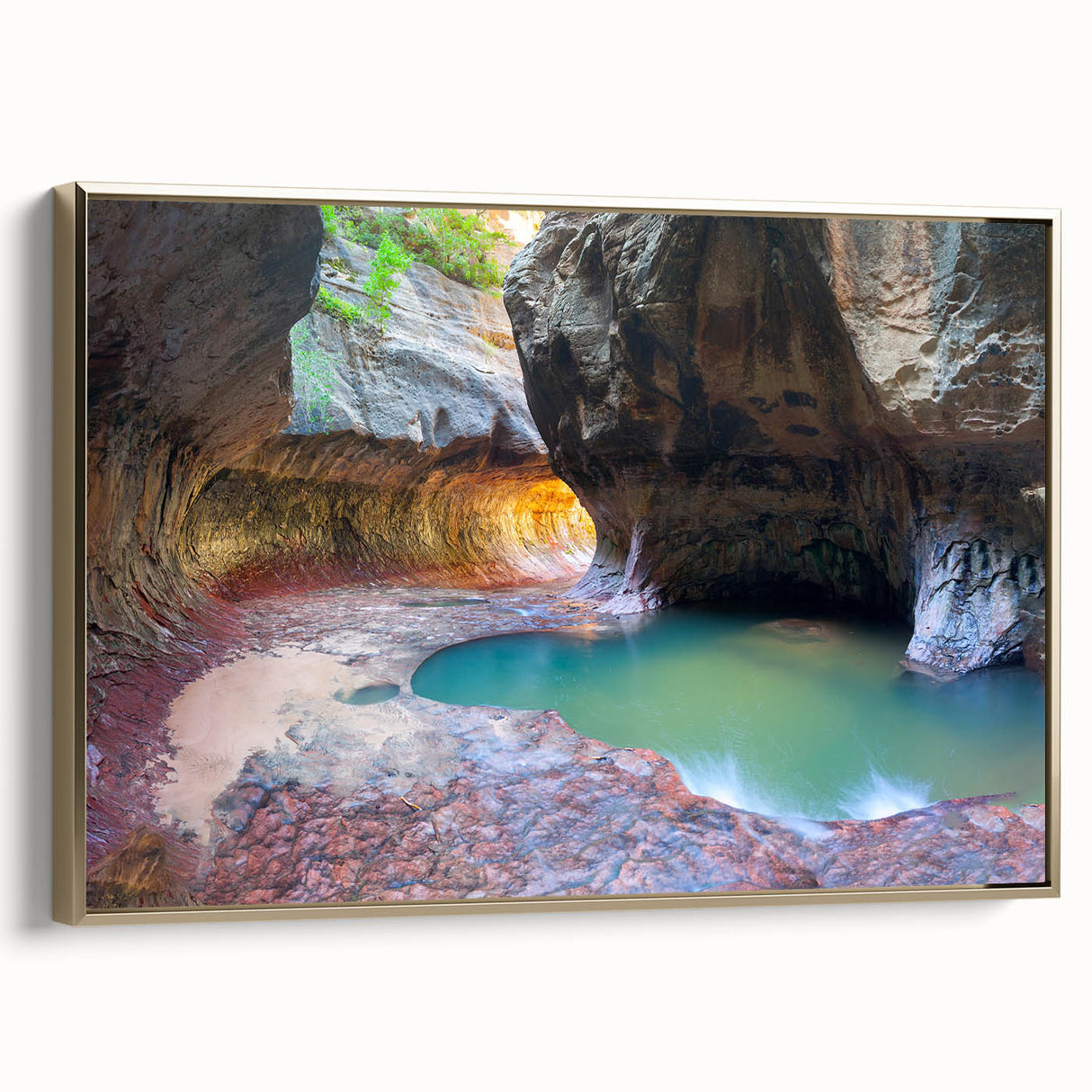 Framed canvas depicting the Zion National Park landscape in muted earth tones, ideal for bedroom wall art.