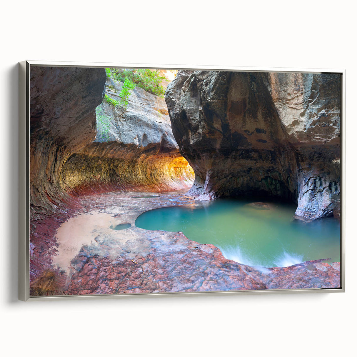 Landscape art painting of Zion National Park on framed canvas, featuring vivid earth tones and vintage poster style.