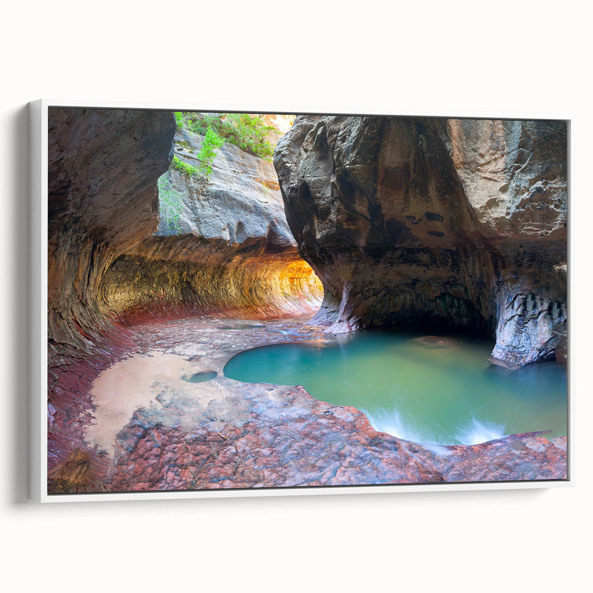 Vintage poster art of Zion National Park in vibrant colors on extra large framed canvas, ideal for living room decor.