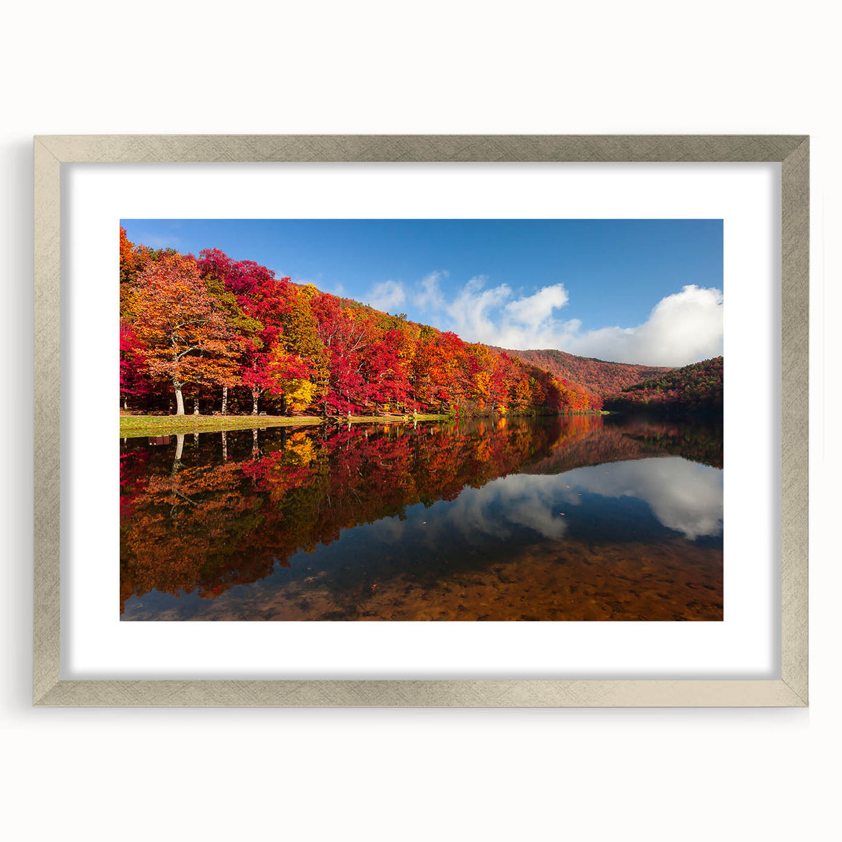 Extra large abstract art print of a textured Virginia landscape in muted earth tones, framed in silver.