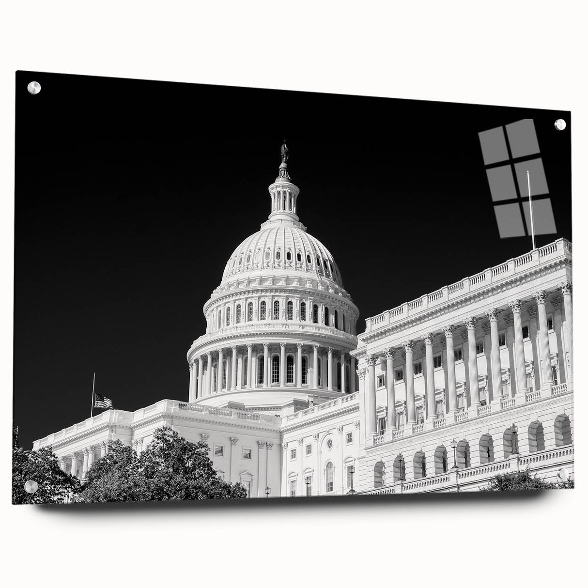 Acrylic print of Washington D.C. Capitol with soft grey and blue tones, suitable for bedroom or dining room decor.