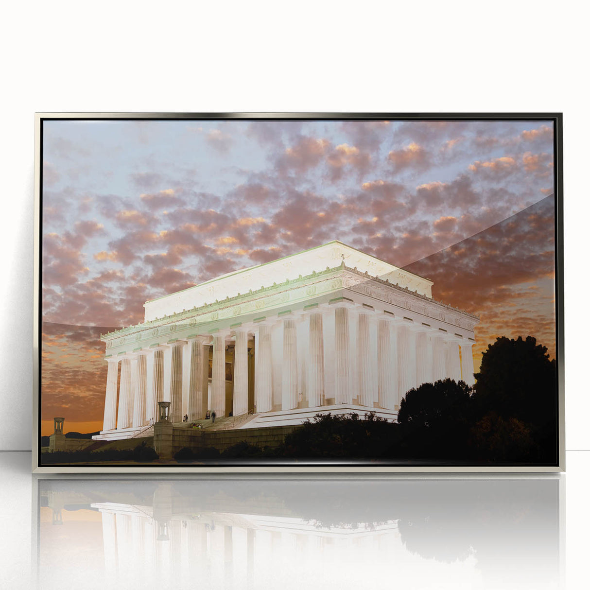 Mid-century modernist art of the Lincoln Memorial in muted gray tones on a silver-framed acrylic print.