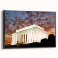 Black and white framed canvas featuring a vintage poster art style of the Lincoln Memorial, suited for bedroom wall decor.