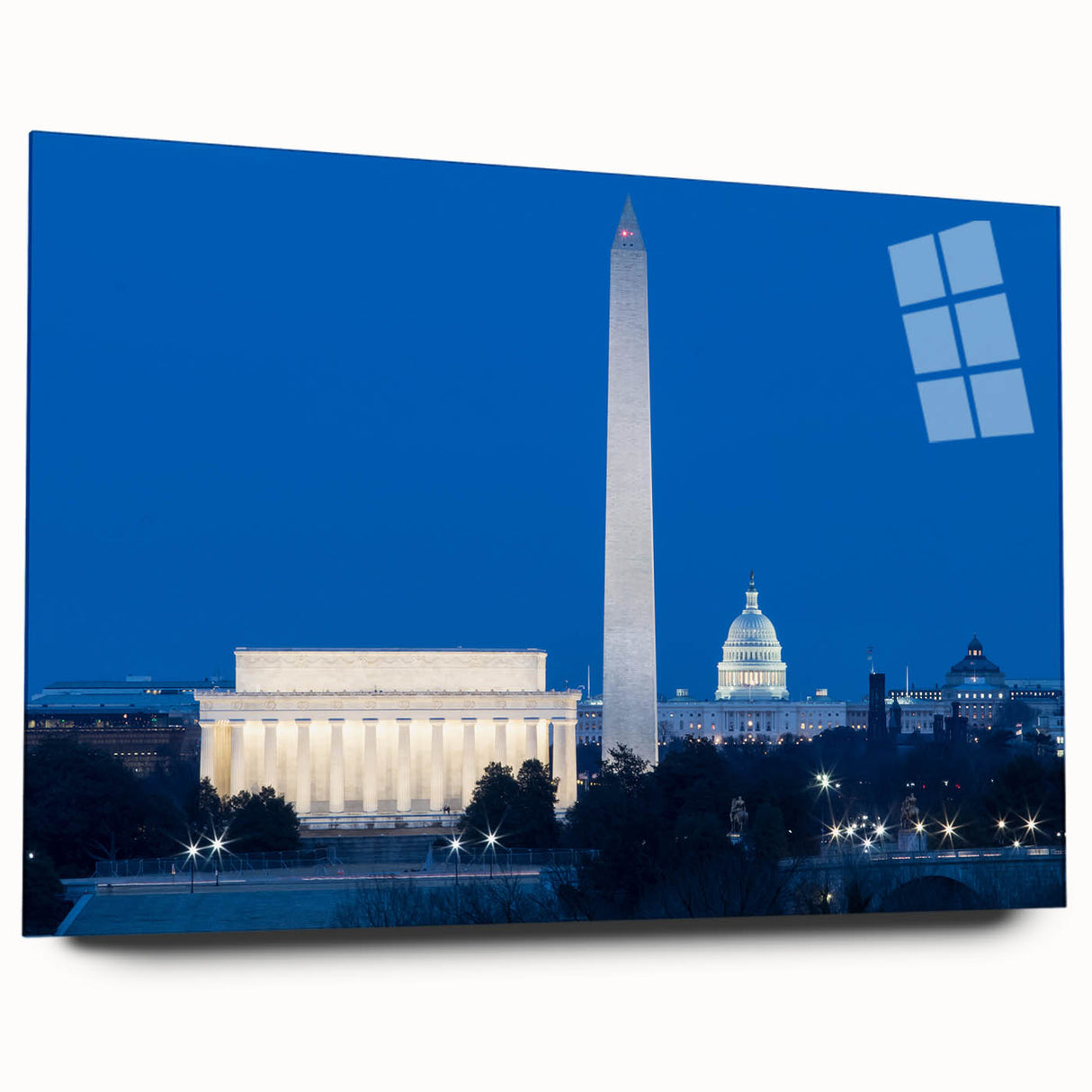 Acrylic print of Washington DC monuments in muted gray, ideal for bedroom or dining room decor.