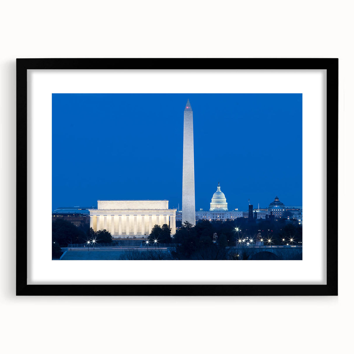 Extra large colorful art print of Washington DC monument in abstract style, framed with a black mat.