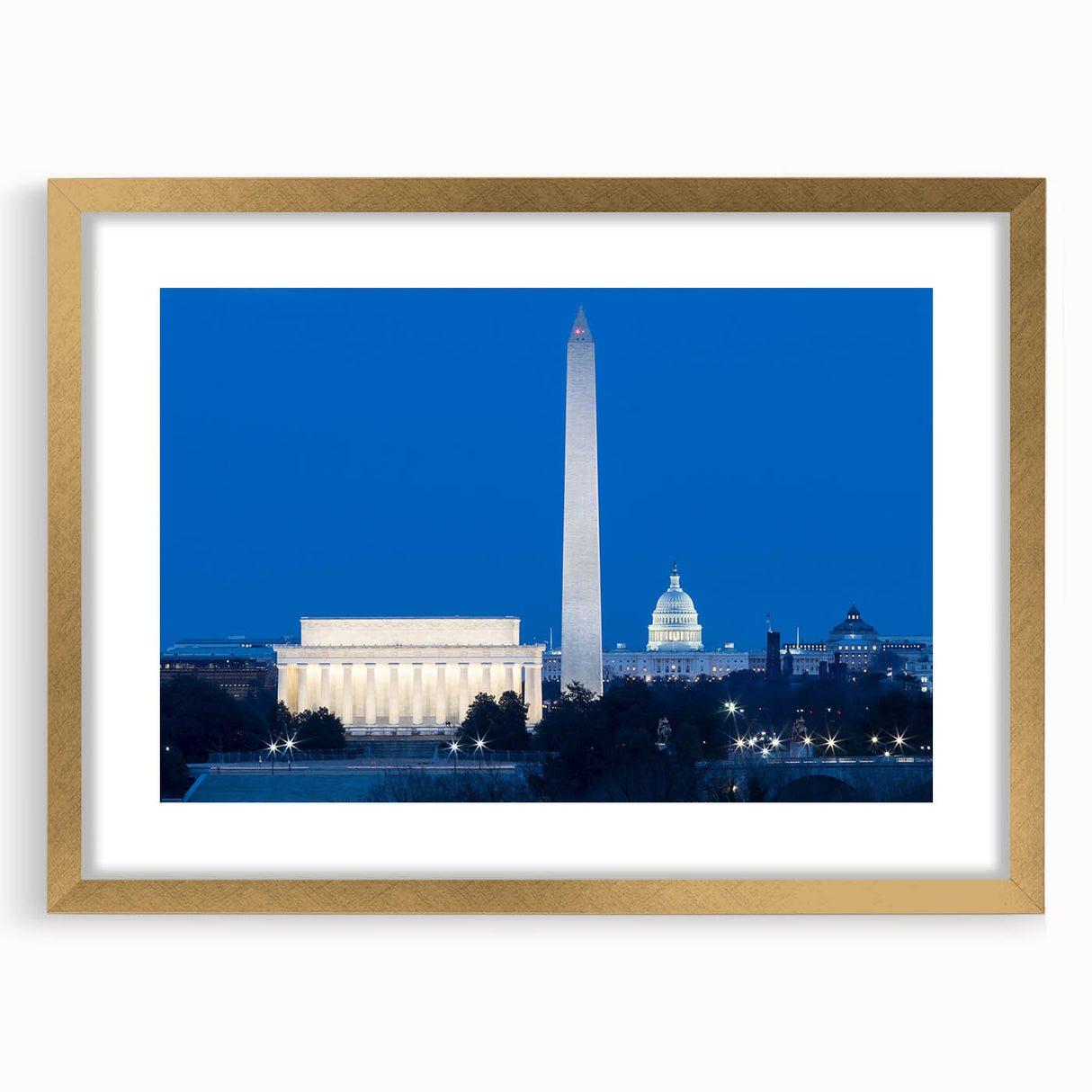 Extra large framed wall art of Washington DC monument in textured gold, ideal for living room decor.