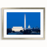 Textured art print of Washington DC monuments in muted gray tones on a framed canvas, suitable for bedroom decor.
