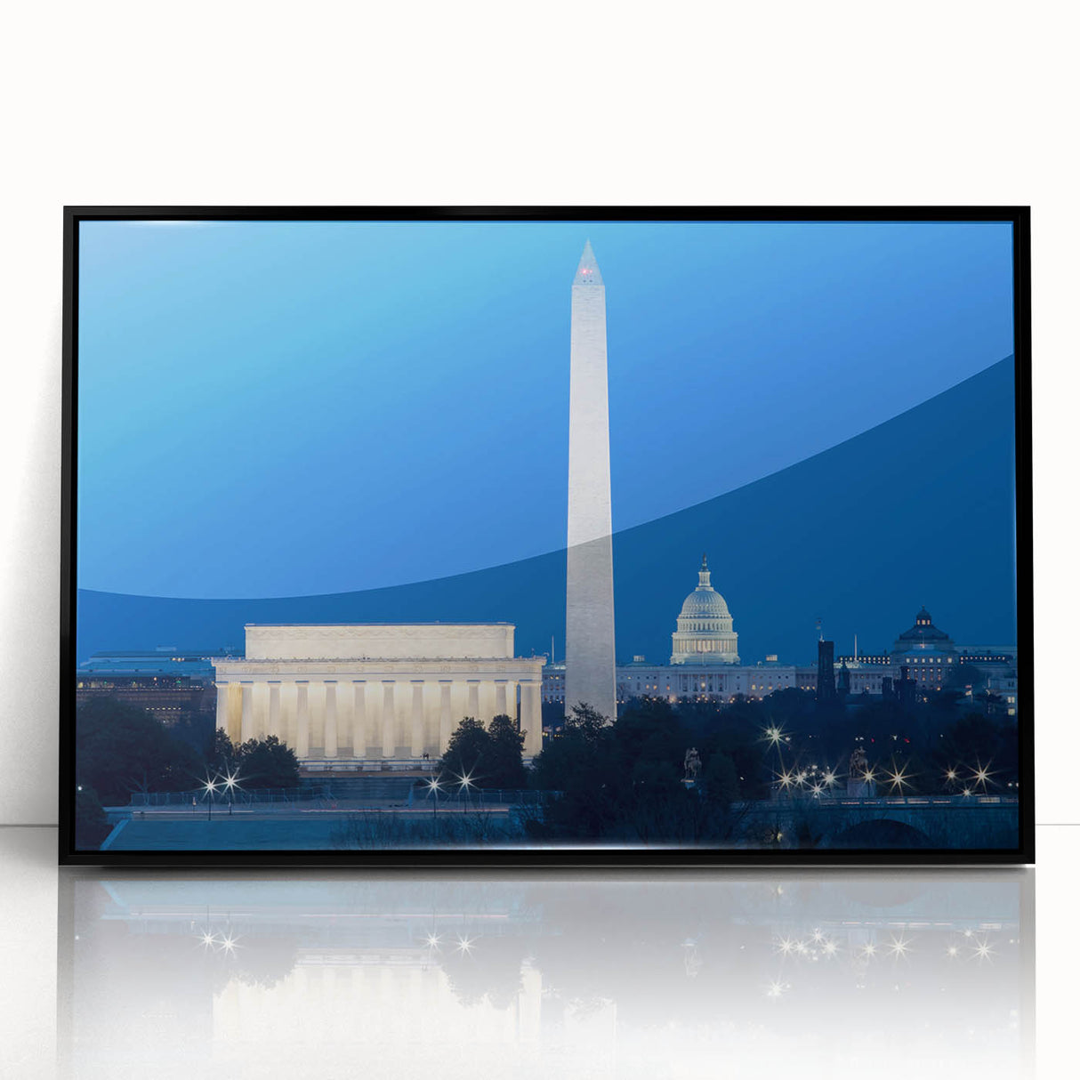Large abstract wall art of Washington DC monuments in black and white tones on framed acrylic.