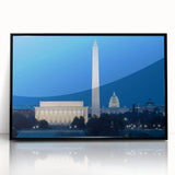 Large abstract wall art of Washington DC monuments in black and white tones on framed acrylic.