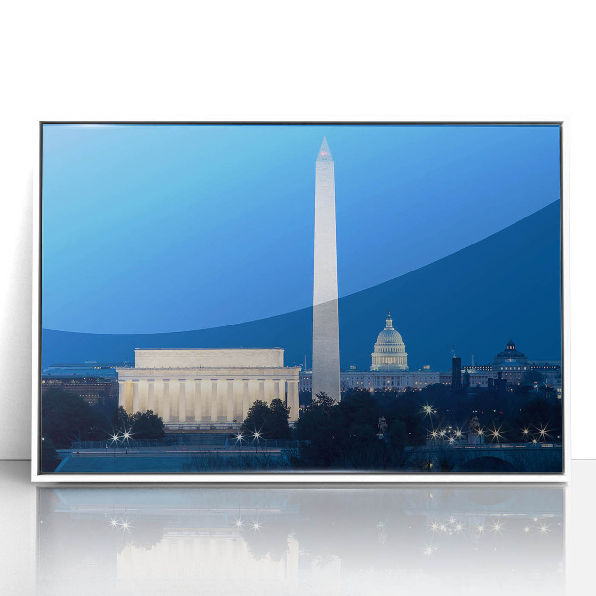 Acrylic print of Washington D.C. monuments in art deco style, with muted color palette, ideal for modern nursery wall art.