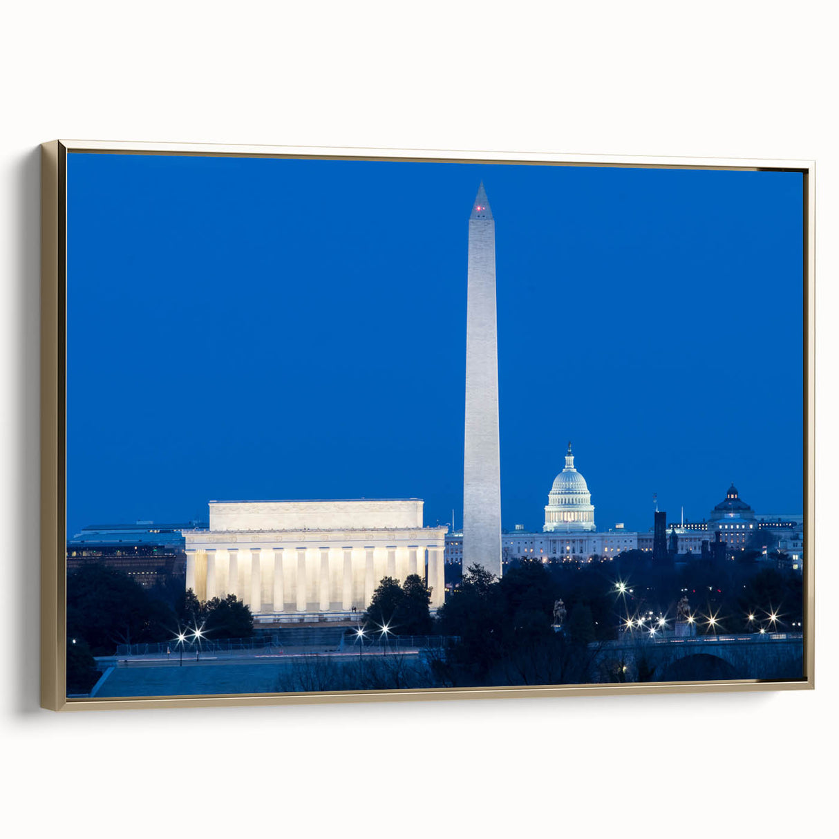 Framed canvas of Washington D.C. monuments in vintage poster style with gold frame, ideal for bedroom wall art.