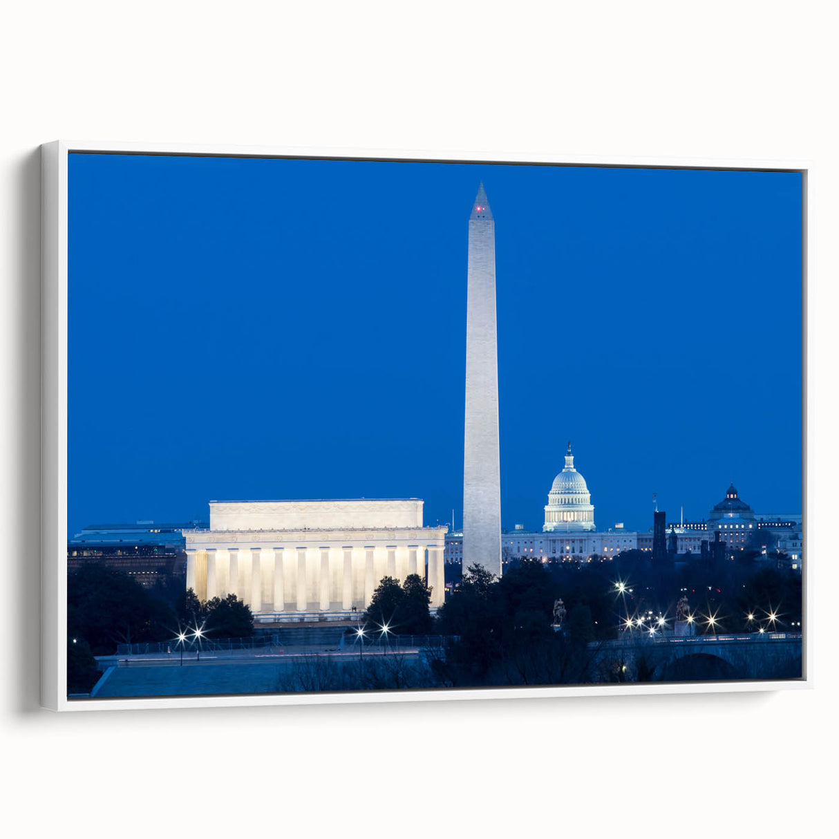 Vintage poster art of Washington DC monuments in muted colors on framed canvas, ideal for living room decor.