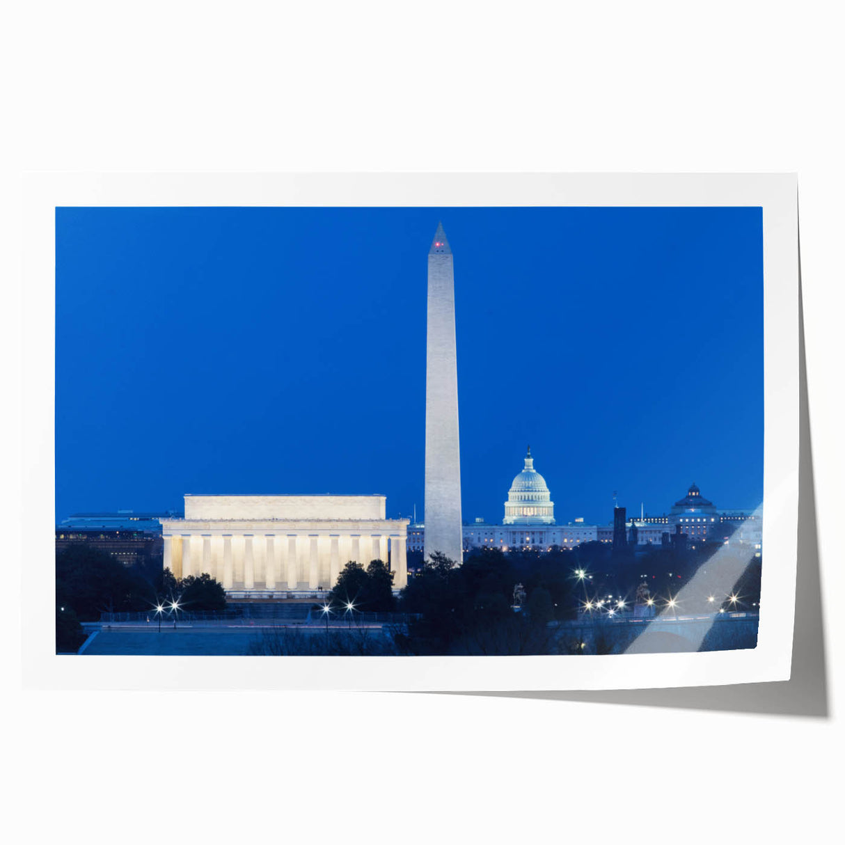 Washington DC monument scene in muted gray tones on rolled print, suitable for dining room wall art.