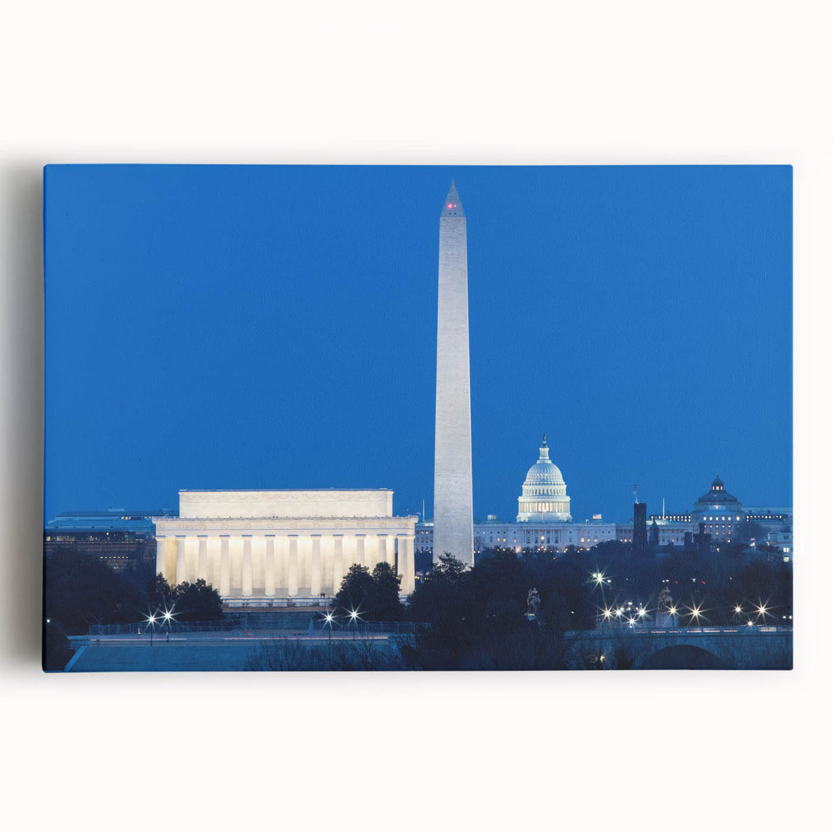 Black and white print of the Washington DC skyline on stretched canvas, suitable for kitchen art.