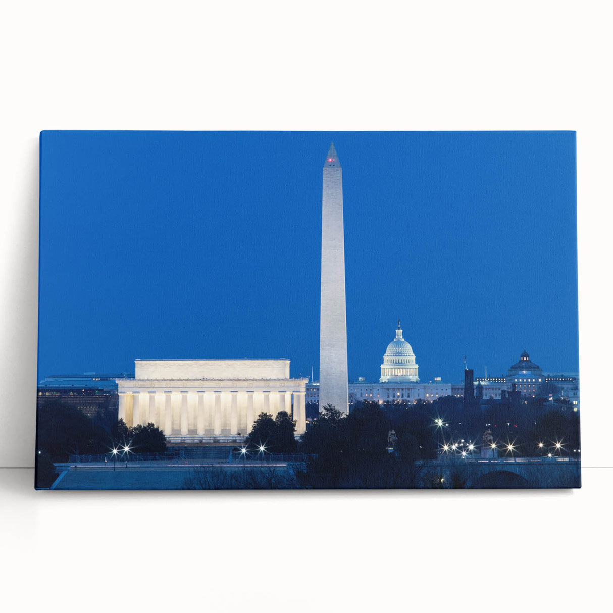 Black and white large art print of the Washington DC monument on stretched canvas.