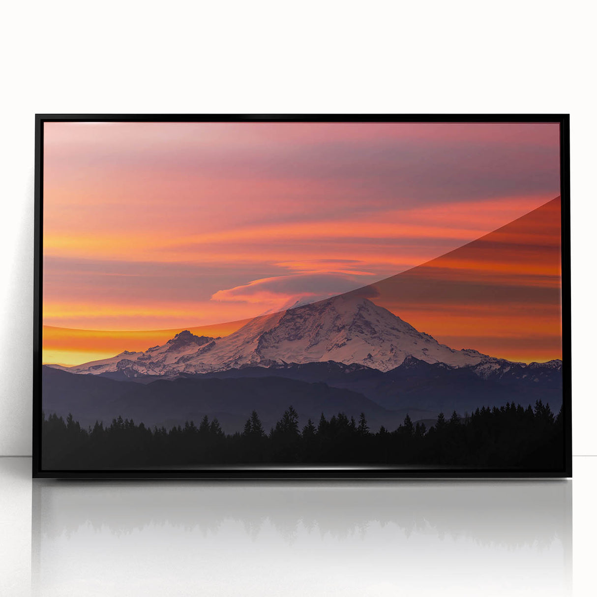 Large abstract wall art depicting Mount Rainier in muted earth tones, presented in a black framed acrylic.