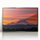 Mid-century modernist art of Mount Rainier in muted earth tones, framed acrylic, ideal for modern art wall decor.