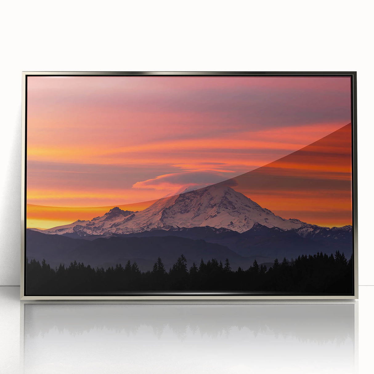 Mid-century modernist art of Mount Rainier in muted earth tones on a silver-framed acrylic, suitable for nursery wall art.