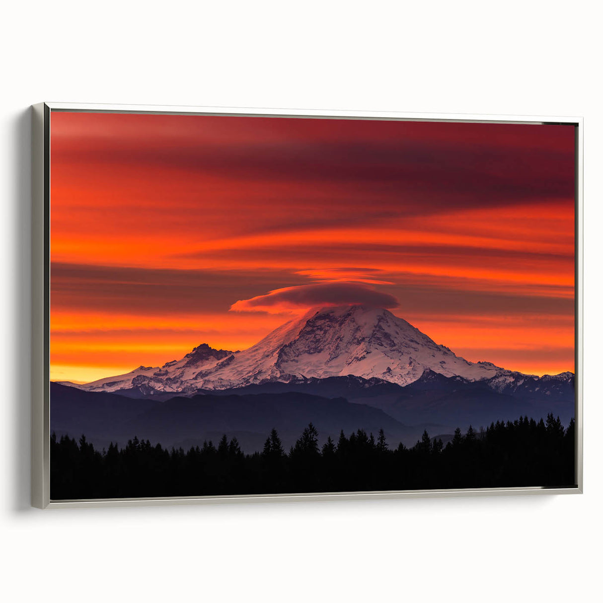 Framed canvas featuring a vintage-style landscape art painting of Mount Rainier, with muted earth tones.