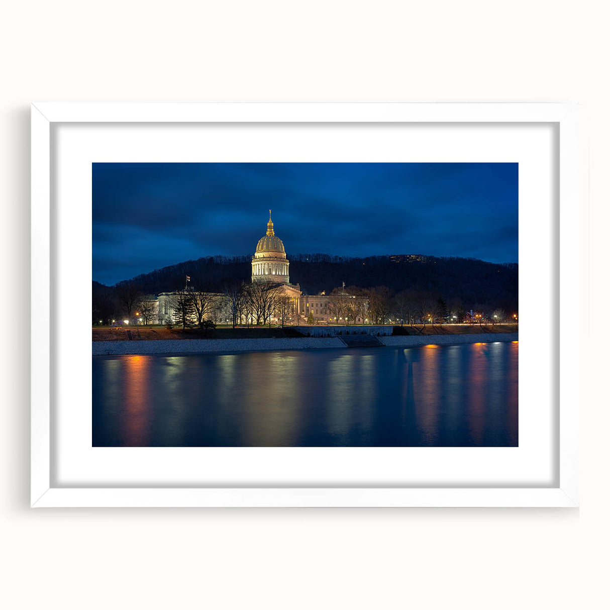 Abstract art print of West Virginia scenery in muted green and blue, framed with a white mat, suitable for dining room decor.