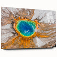 Abstract depiction of Yellowstone scenery on large acrylic glass, with vibrant earth tones.